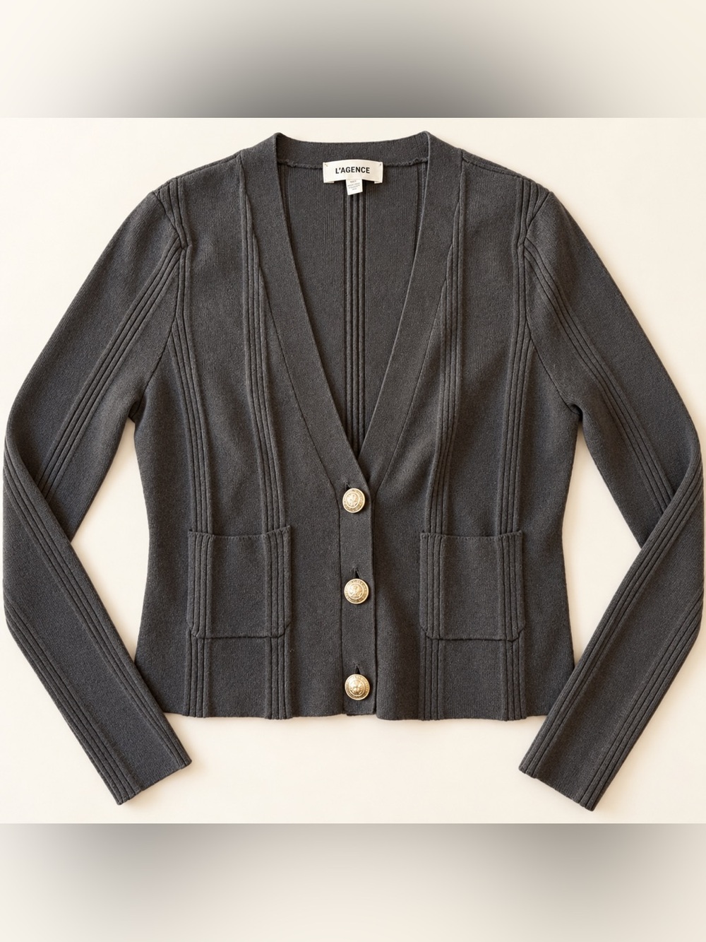 L’Agence Taupe Ribbed Knit Cardigan with Gold Buttons and Pockets